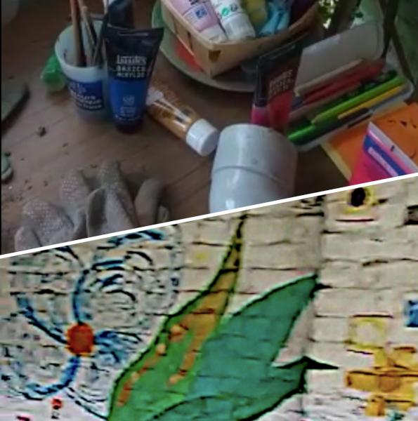 image composée de deux photos qui représentent pour l'une le matériel de peinture mis à disposition, et pour l'autre la fresque murale réalisée